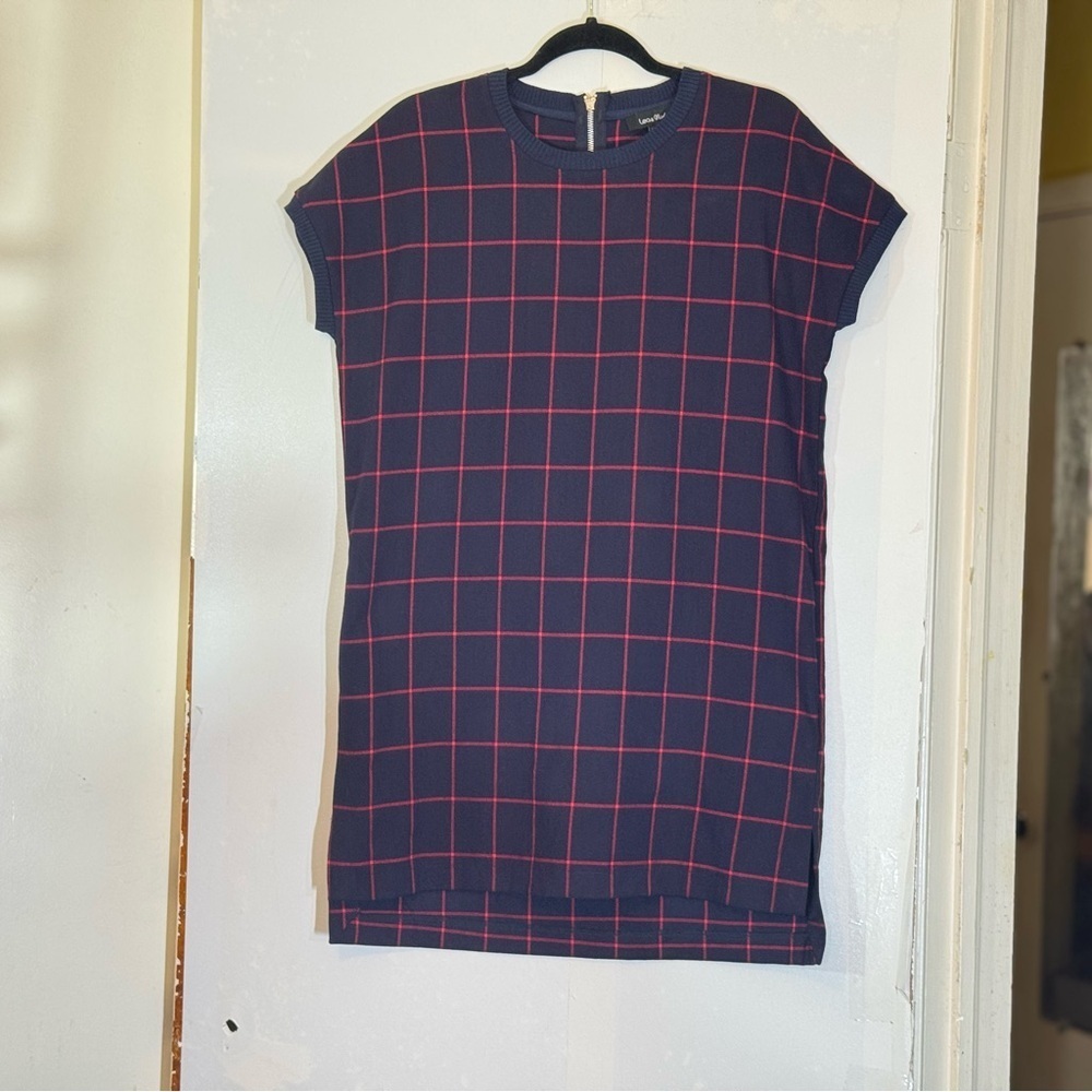 Lea & Viola Classic Navy and Red Window Pane Plaid Shift Dress